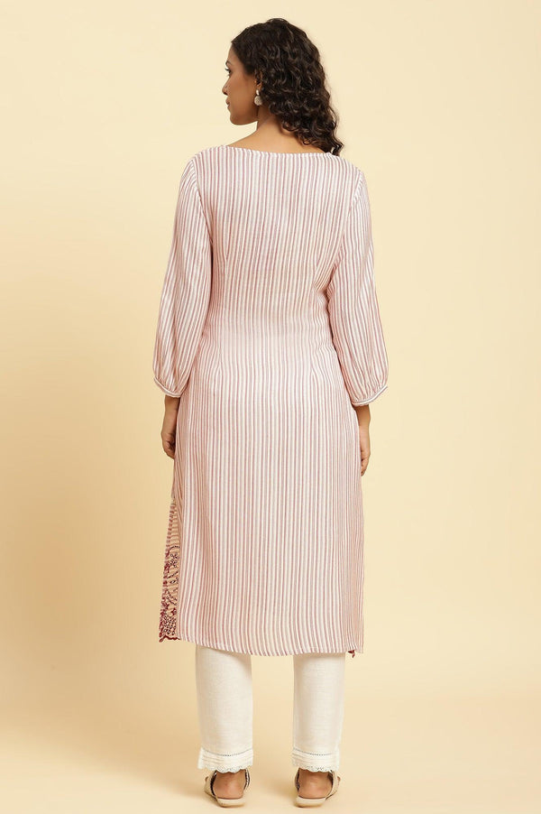 Red and White Striped Schiffli Embroidered Straight Kurta