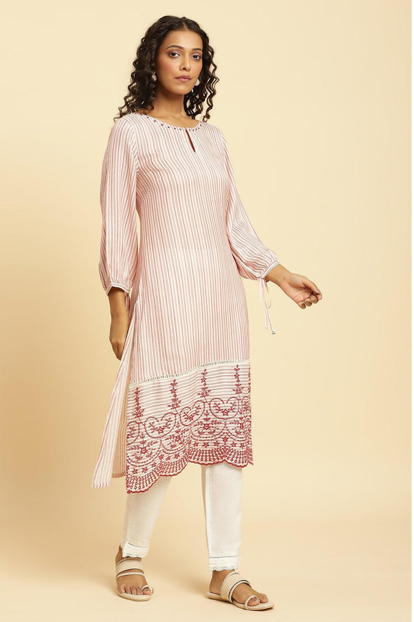 Red and White Striped Schiffli Embroidered Straight Kurta