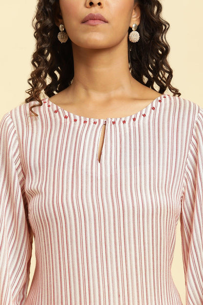Red And White Stripes Kurta With Schiffli Embroidery - wforwoman