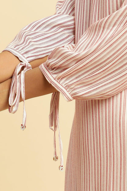 Red And White Stripes Kurta With Schiffli Embroidery - wforwoman