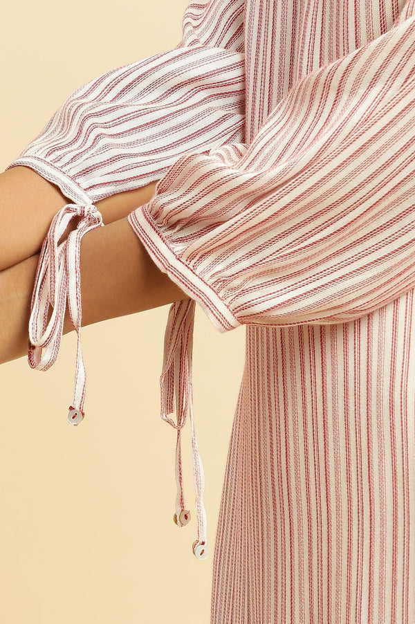 Red and White Striped Schiffli Embroidered Straight Kurta