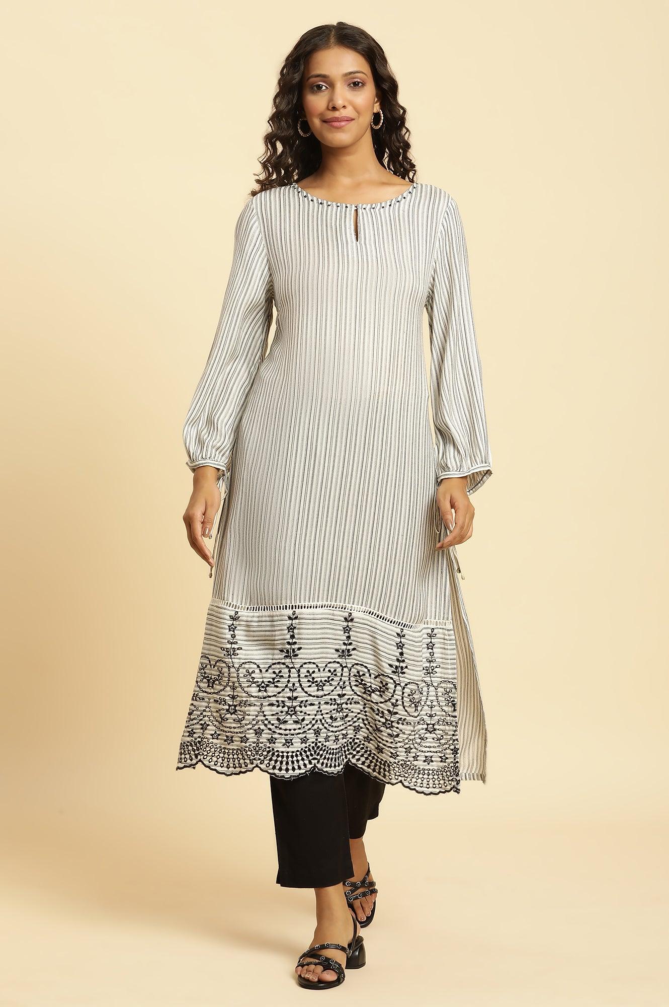 White And Black Stripes Kurta With Schiffli Embroidery - wforwoman