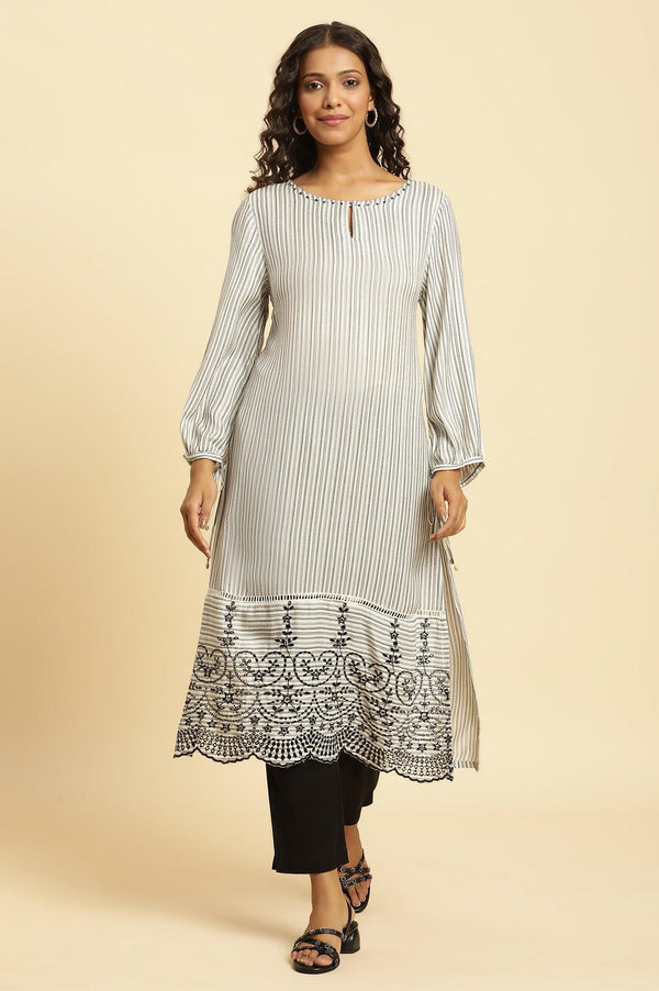 White and Black Striped Schiffli Embroidered Straight Kurta