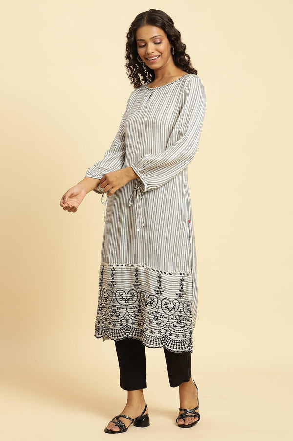 White and Black Striped Schiffli Embroidered Straight Kurta