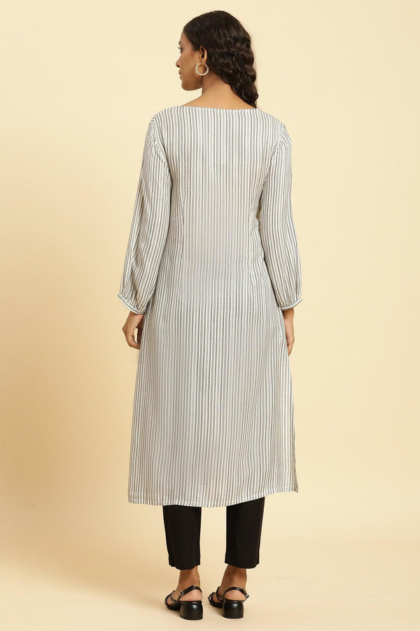 White and Black Striped Schiffli Embroidered Straight Kurta