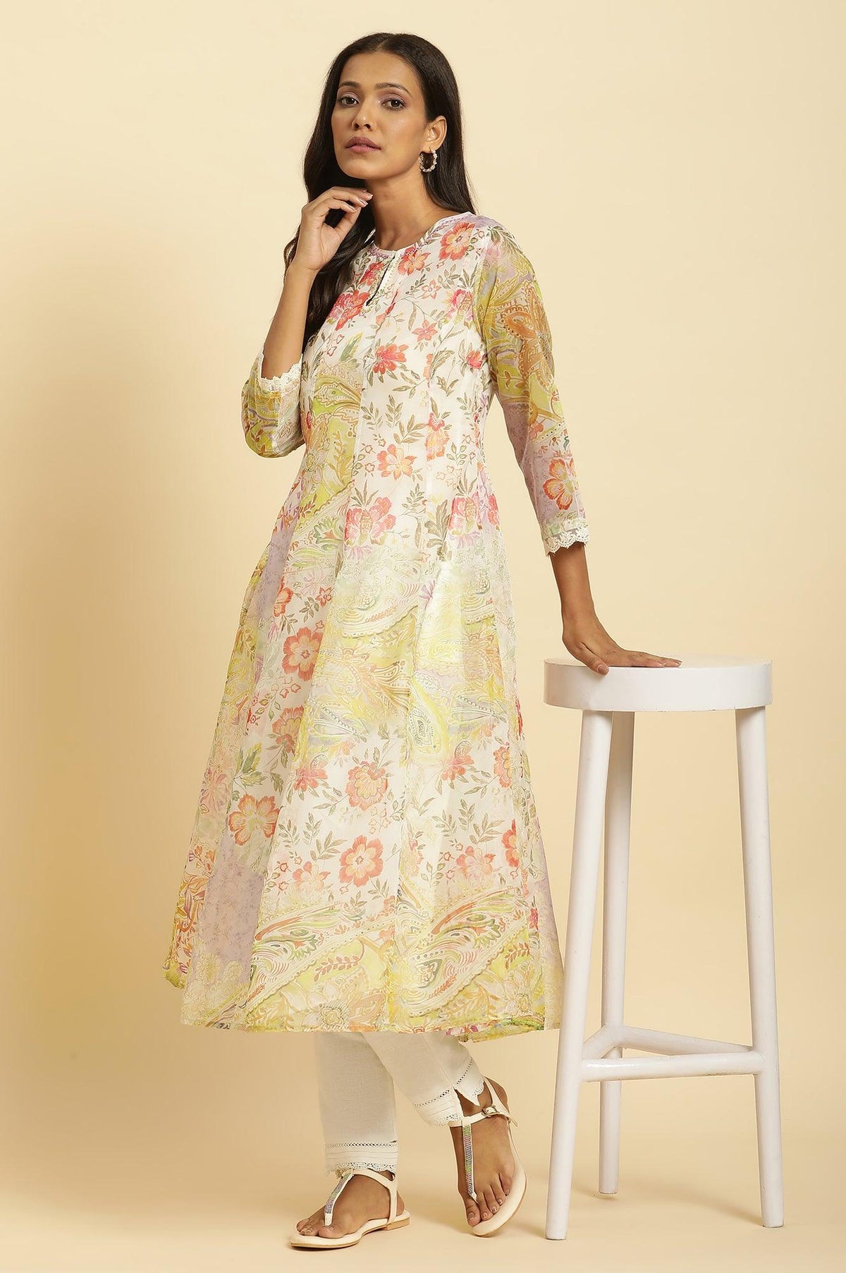 Soft Multi-Coloured Flared Organza Kurta - XS