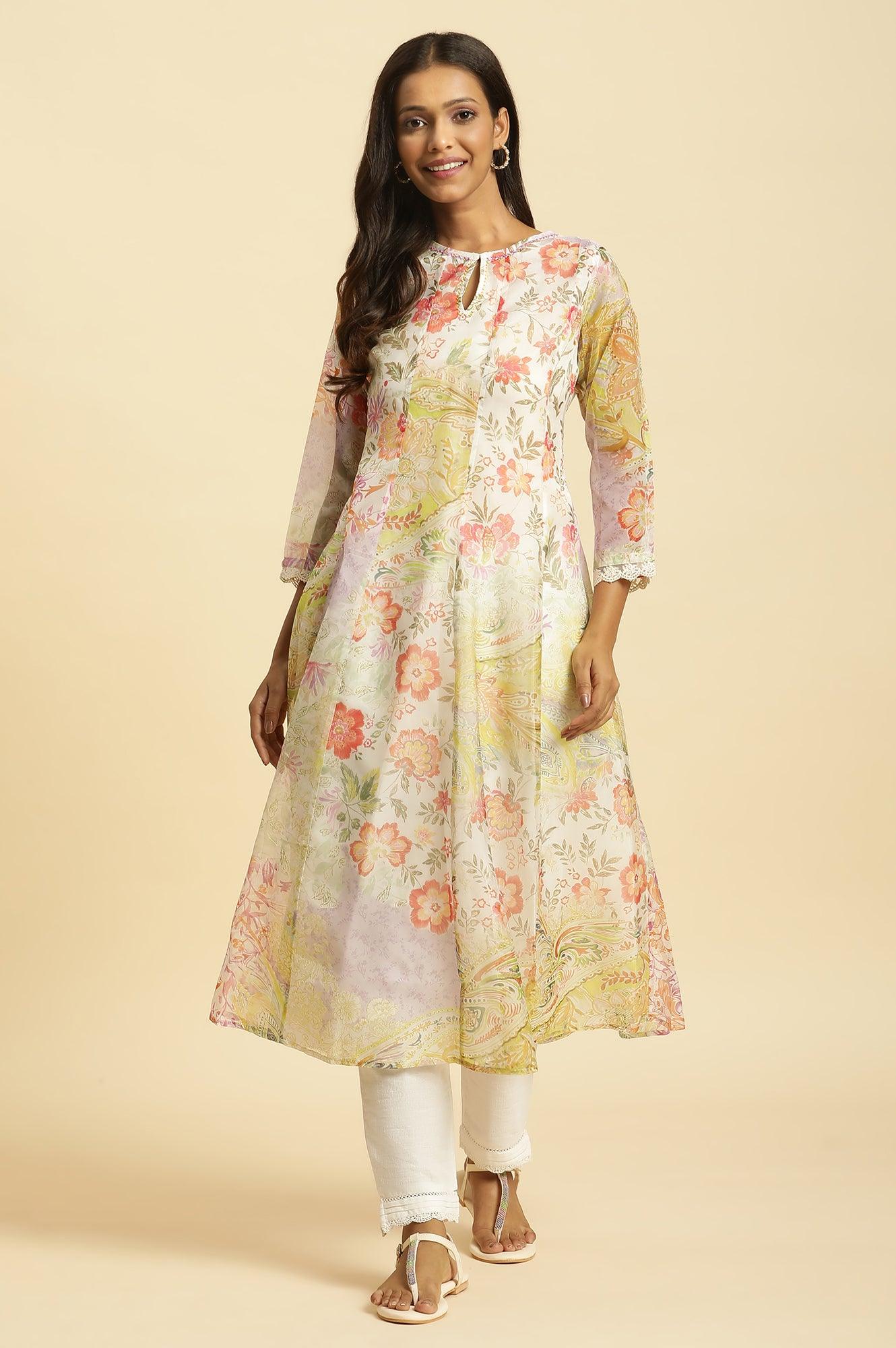 Soft Multi-Coloured Flared Organza Kurta - wforwoman
