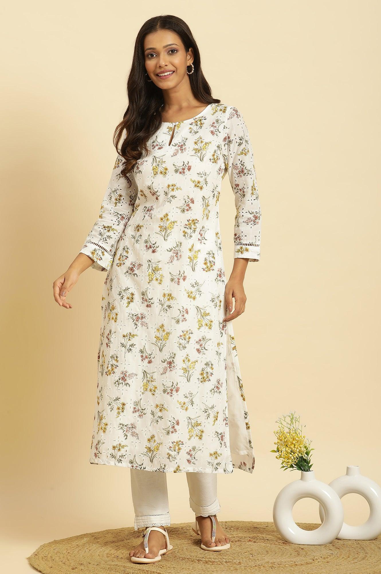 Ecru Flora Printed Straight Kurta - wforwoman