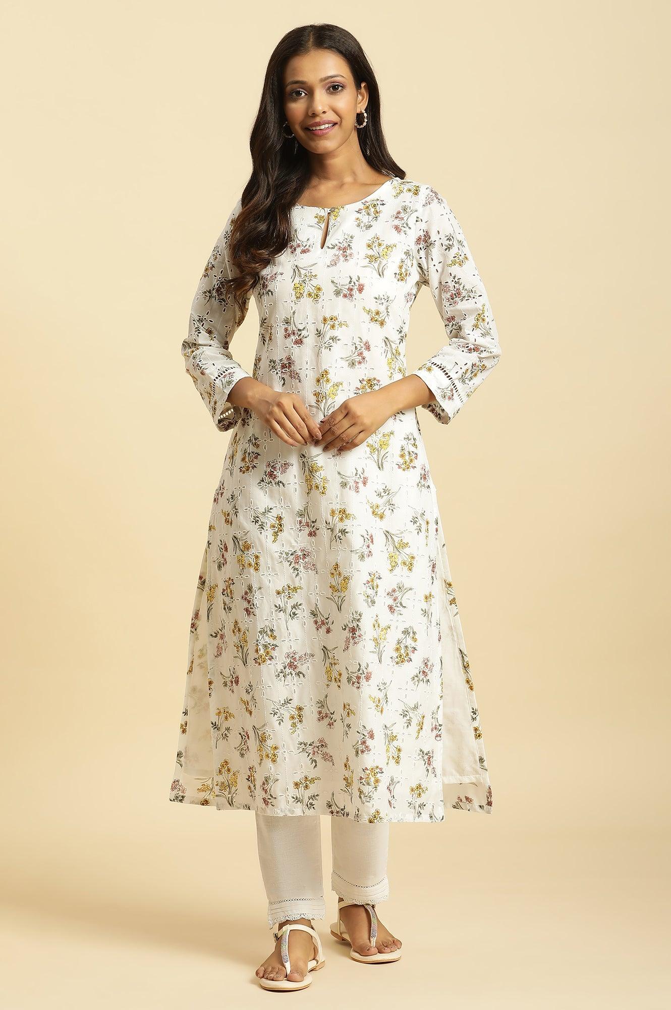 Ecru Flora Printed Straight Kurta - wforwoman
