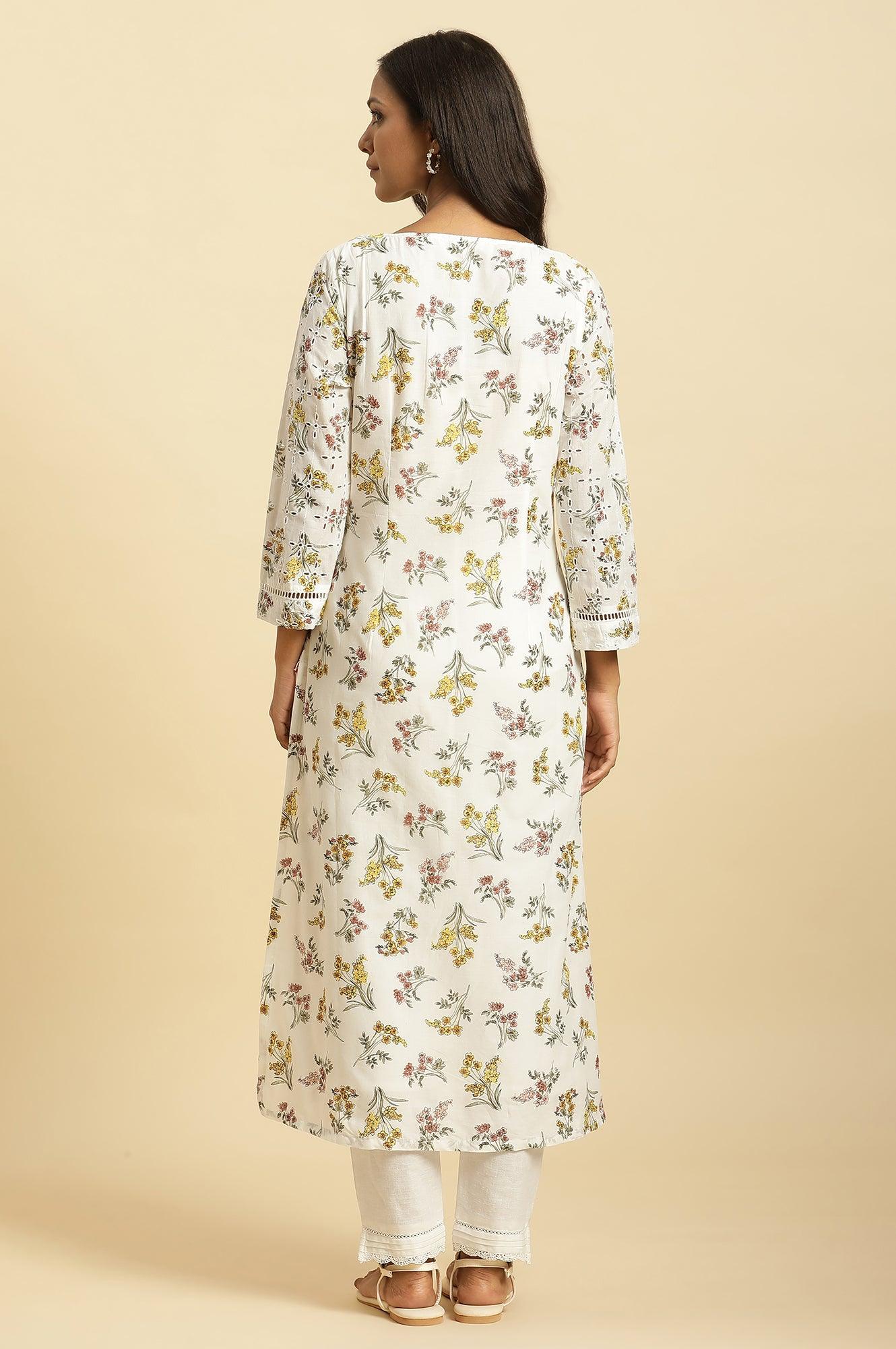 Ecru Flora Printed Straight Kurta - wforwoman