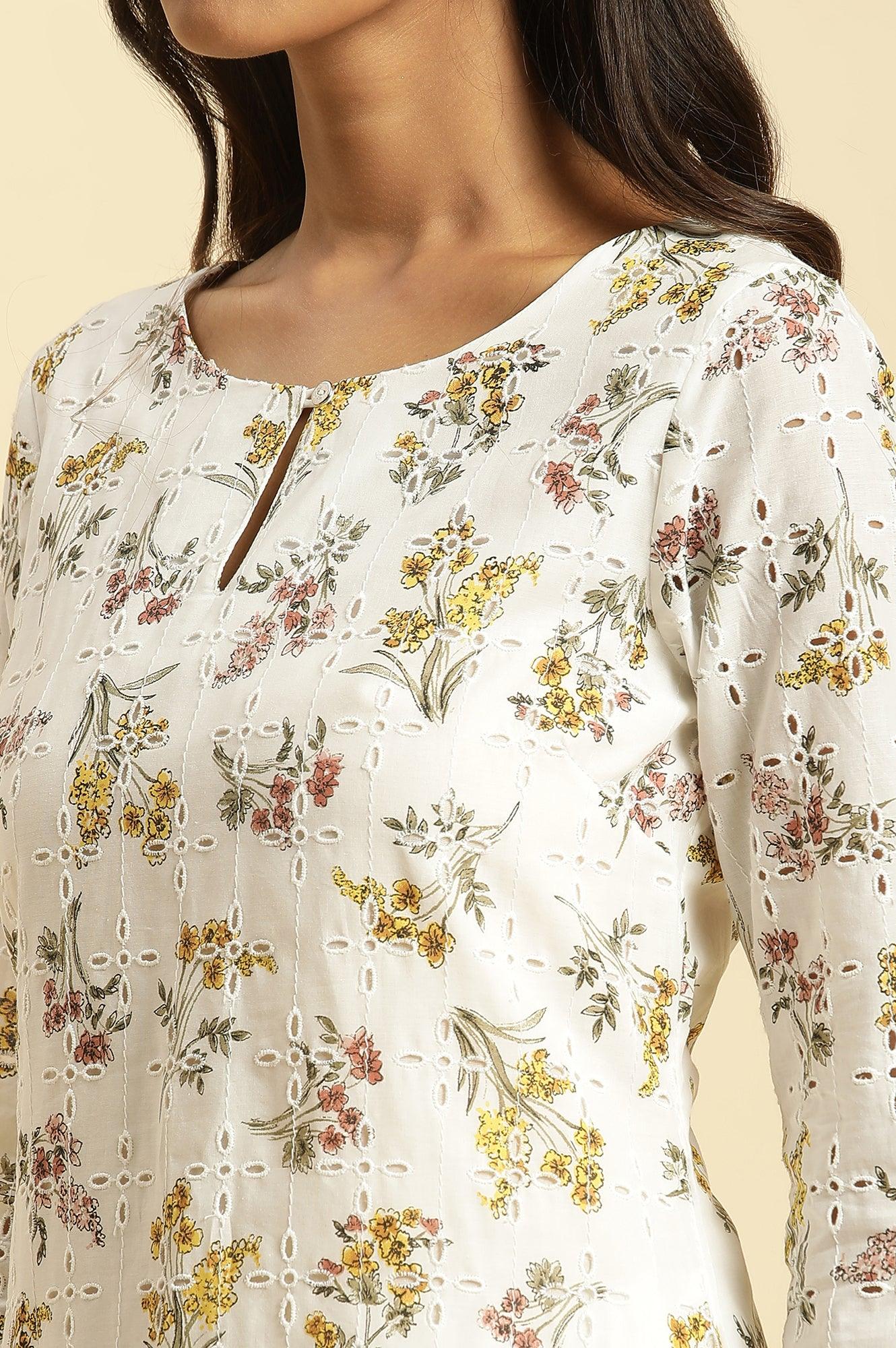 Ecru Flora Printed Straight Kurta - wforwoman