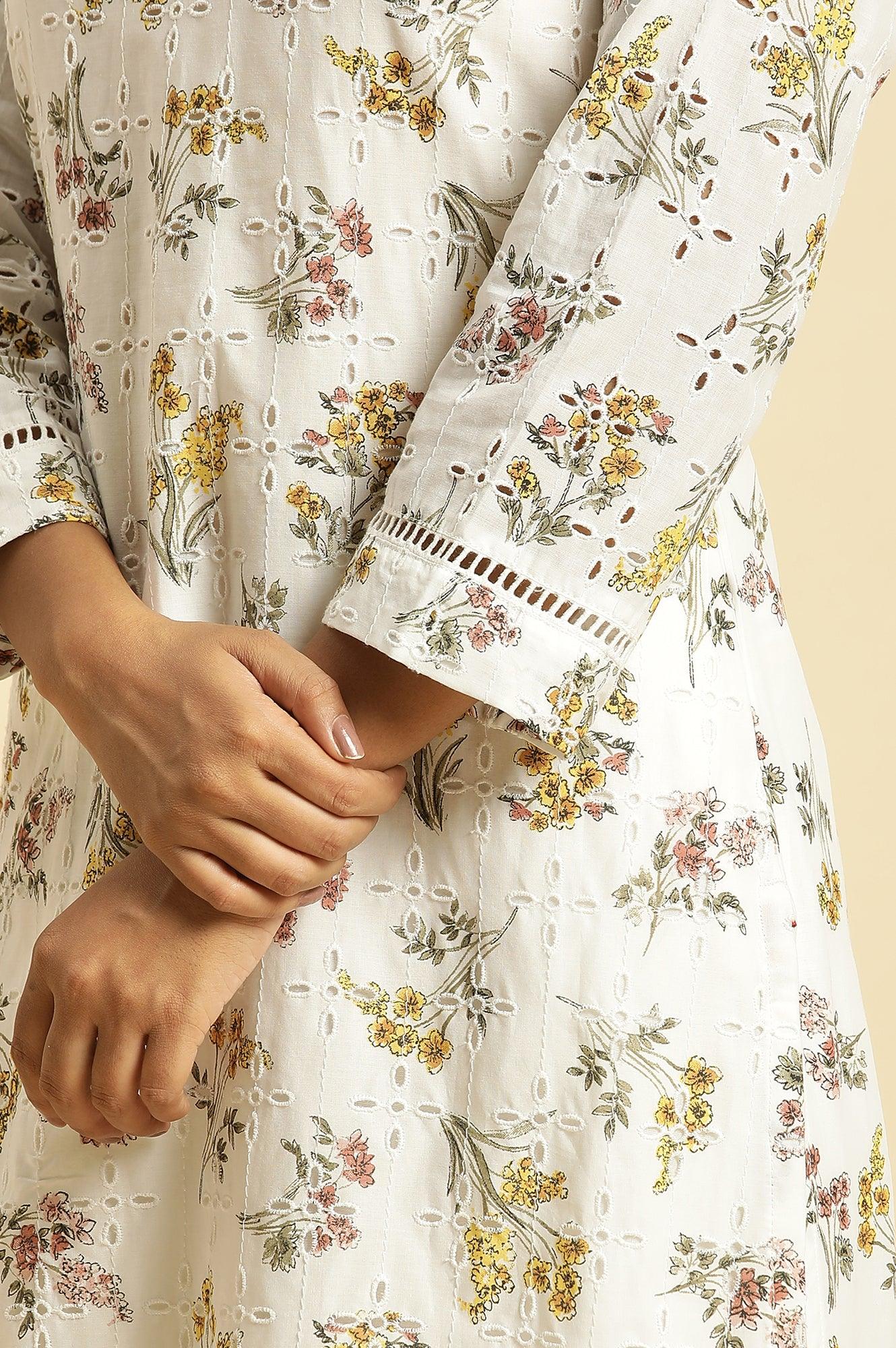 Ecru Flora Printed Straight Kurta - wforwoman