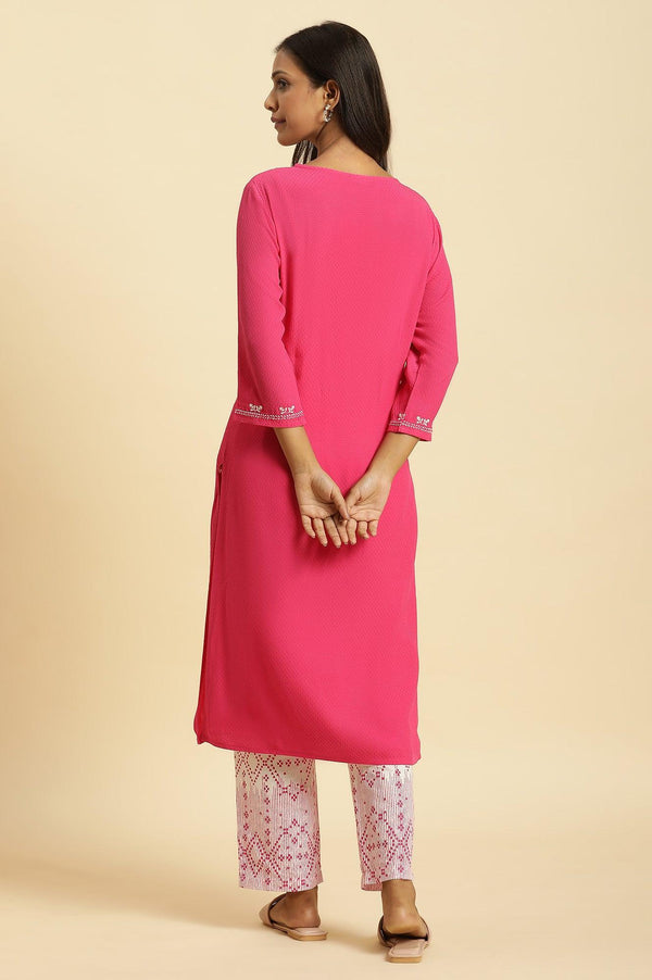 Pink Embroidered Textured Dobby Kurta