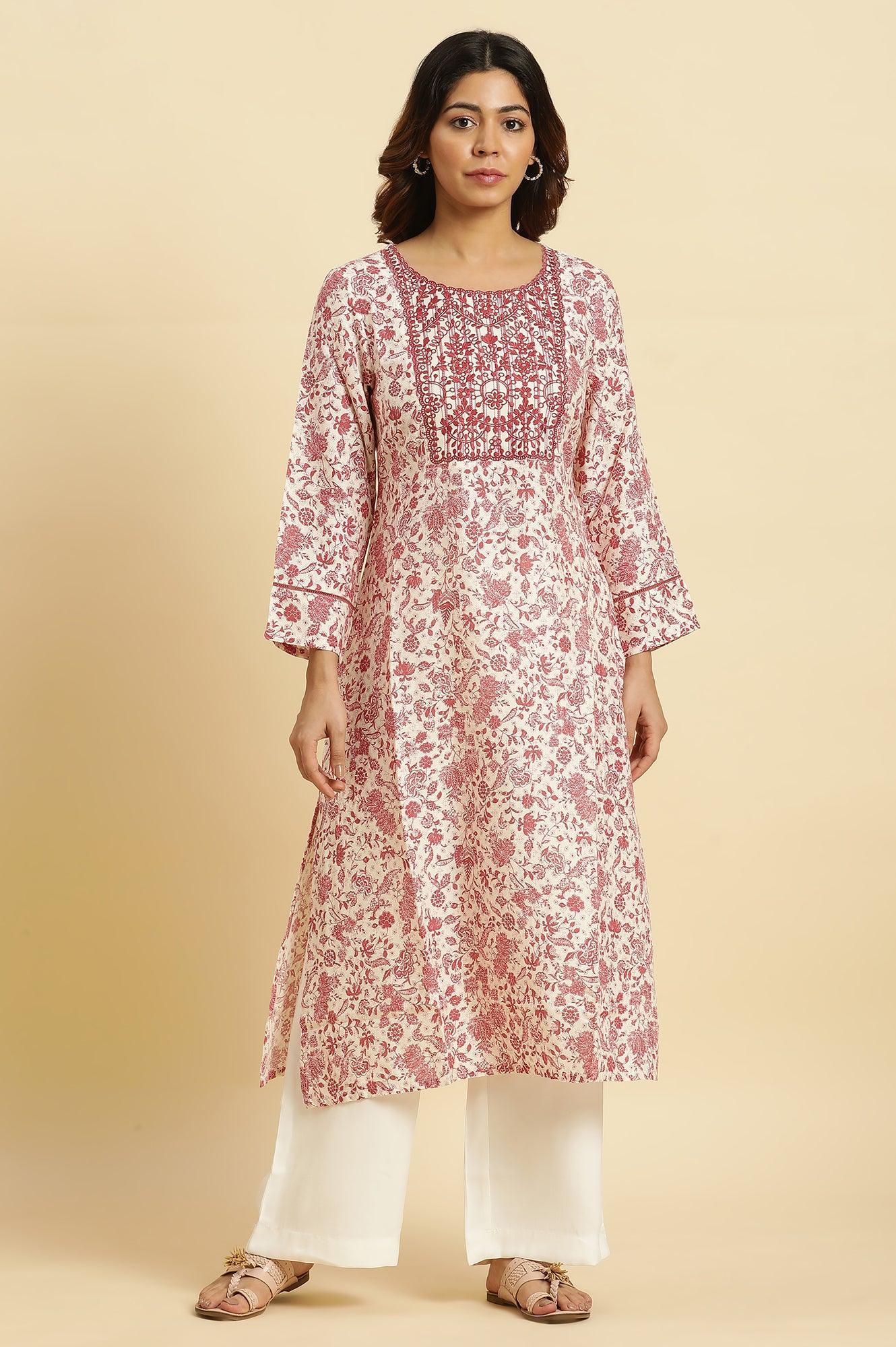 Beige And Red Floral Printed Summer Kurta - wforwoman
