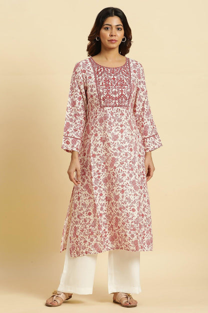 Beige And Red Floral Printed Summer Kurta - wforwoman