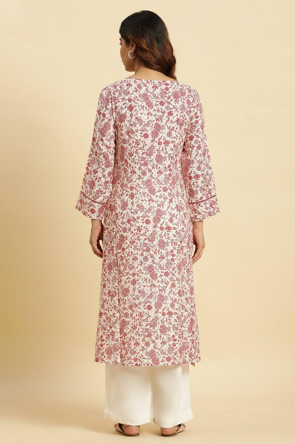 Beige And Red Floral Printed Summer Kurta