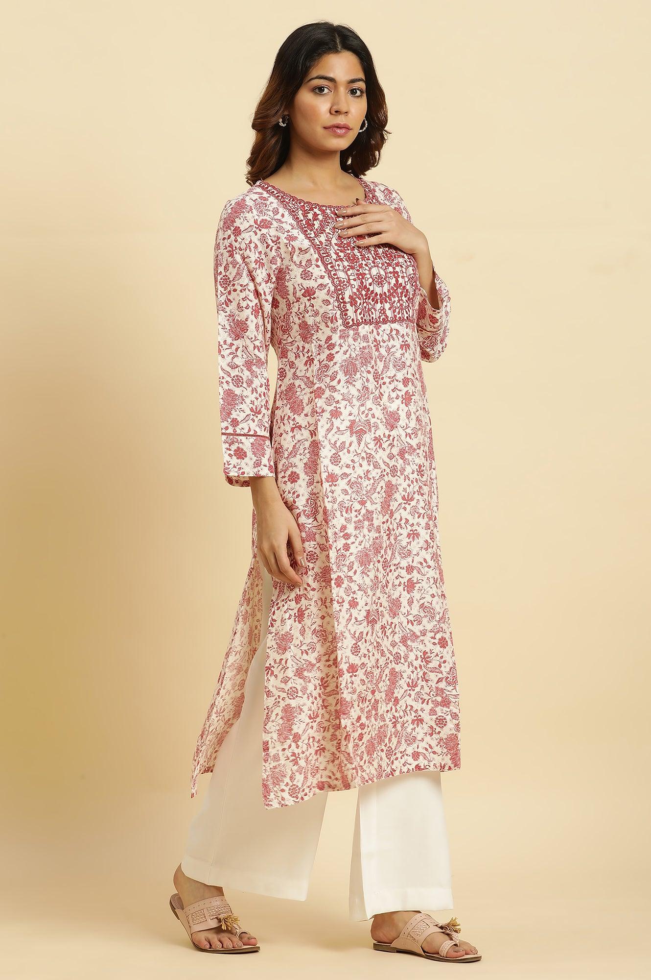 Beige And Red Floral Printed Summer Kurta - wforwoman