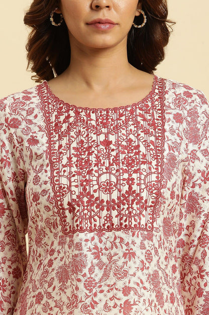 Beige And Red Floral Printed Summer Kurta - wforwoman