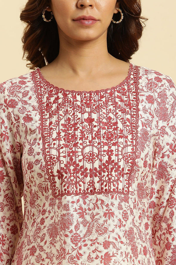 Beige And Red Floral Printed Summer Kurta