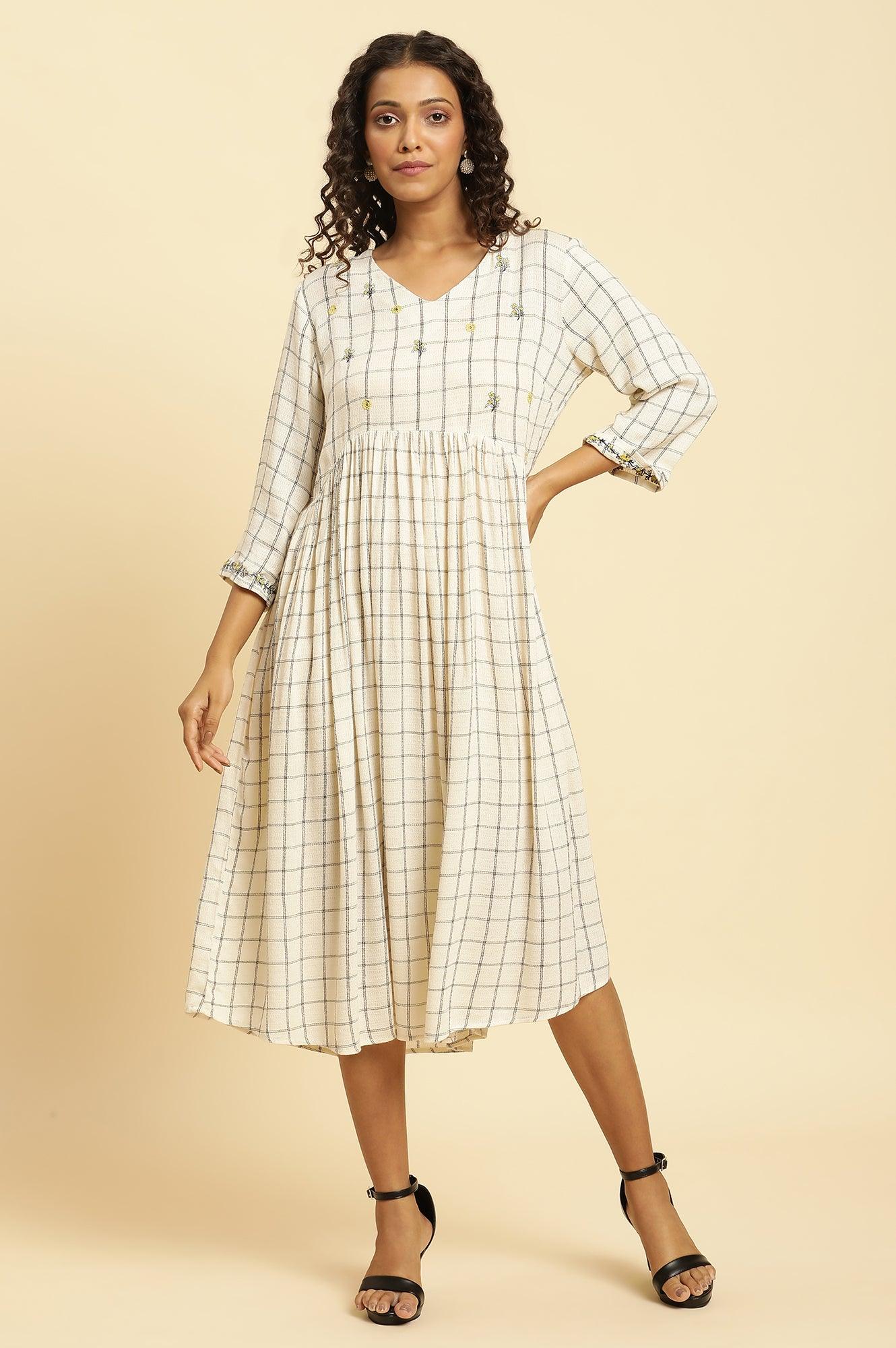 Ecru Checker Thread Embroidered Dress - wforwoman