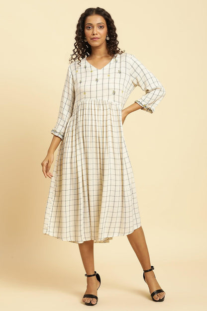 Ecru Checker Thread Embroidered Dress - wforwoman