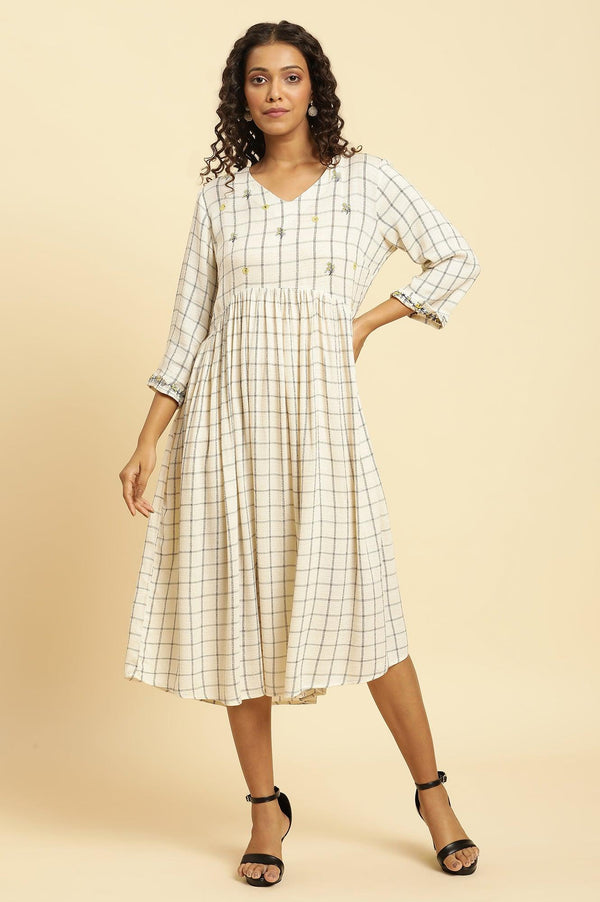 Ecru Checker Thread Embroidered Dress
