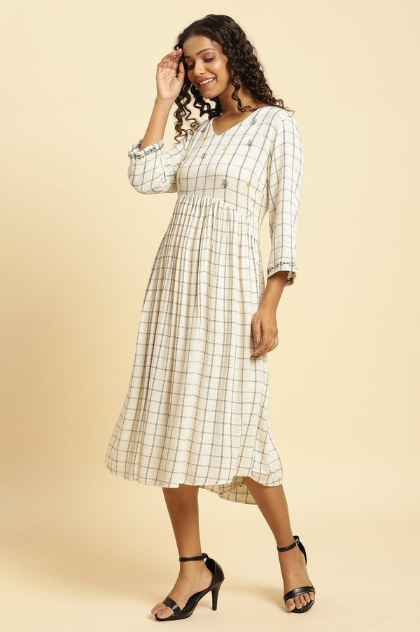 Ecru Checker Thread Embroidered Dress