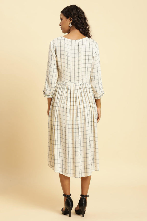 Ecru Checker Thread Embroidered Dress