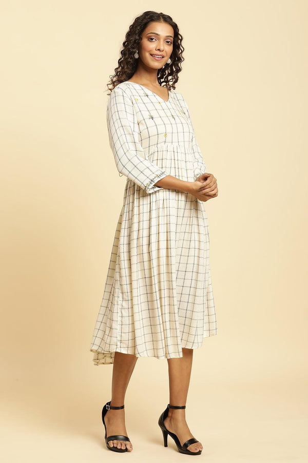 Ecru Checker Thread Embroidered Dress