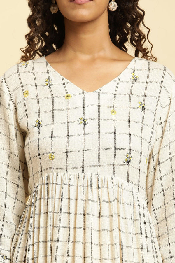 Ecru Checker Thread Embroidered Dress