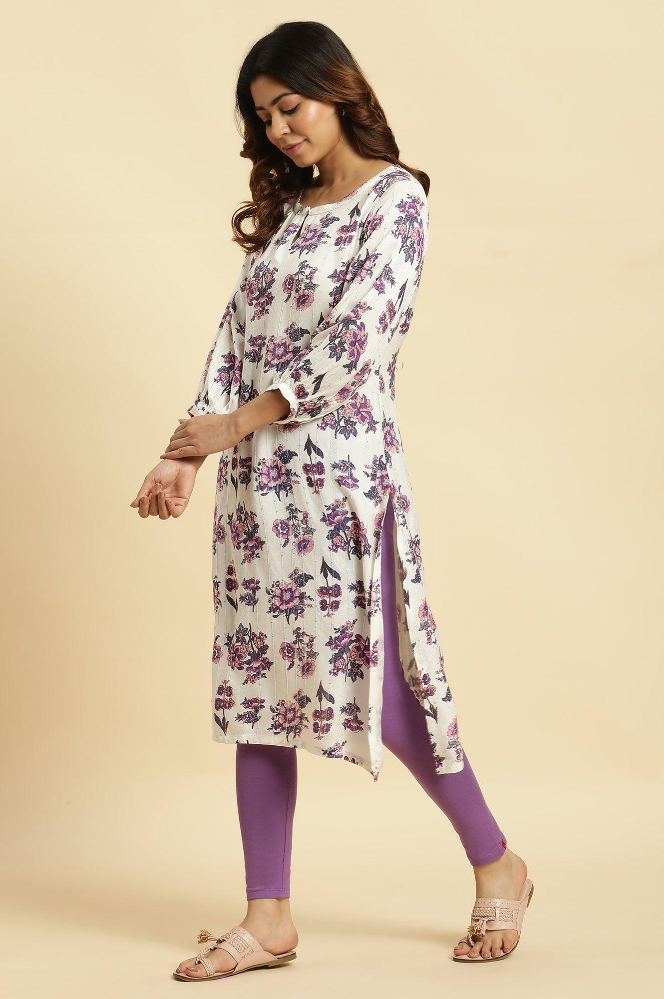 Ecru Relaxed Fit Straight Kurta With Purple Floral Print - wforwoman