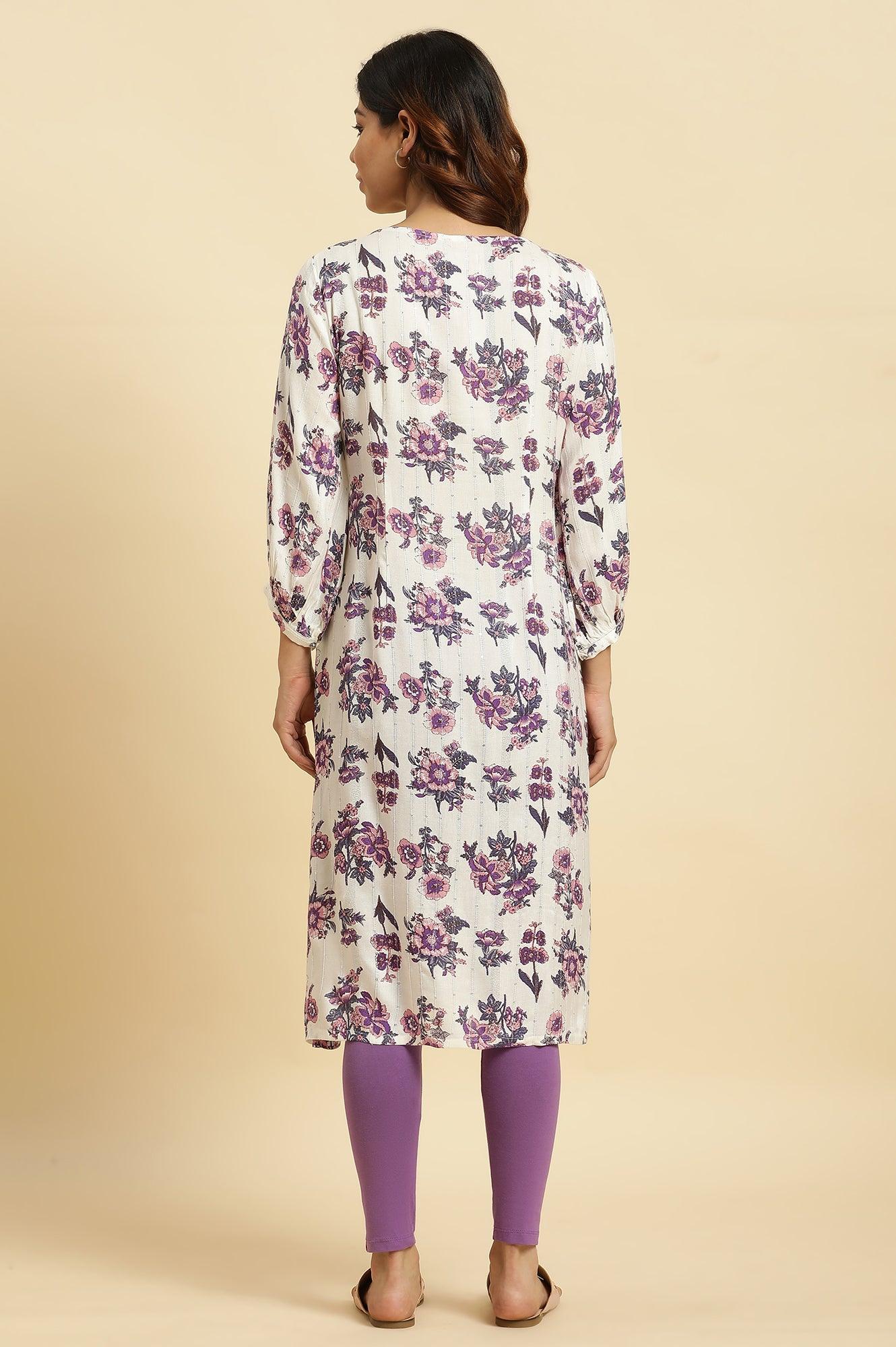Ecru Relaxed Fit Straight Kurta With Purple Floral Print - wforwoman
