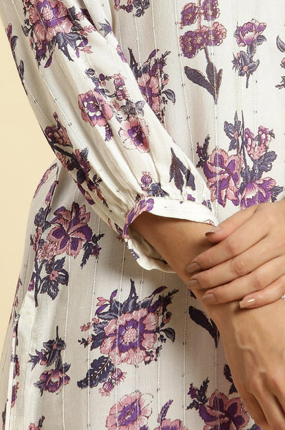 Ecru Relaxed Fit Straight Kurta With Purple Floral Print - wforwoman