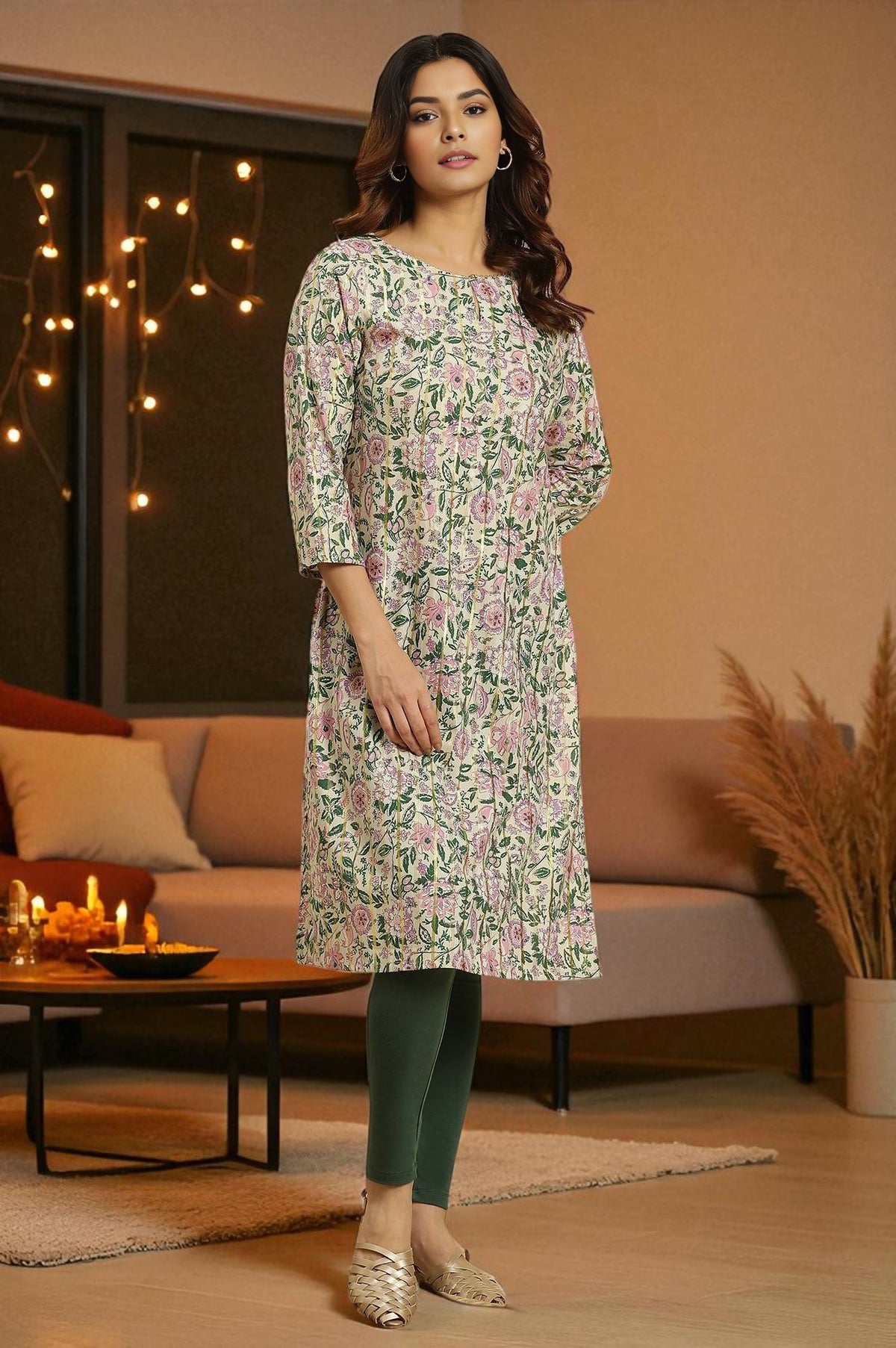 White Floral Printed Cotton Lurex Straight Kurta