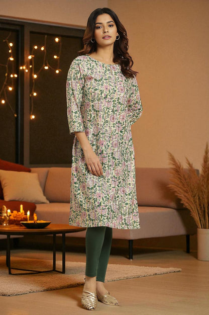 White Floral Printed Cotton Lurex Straight Kurta