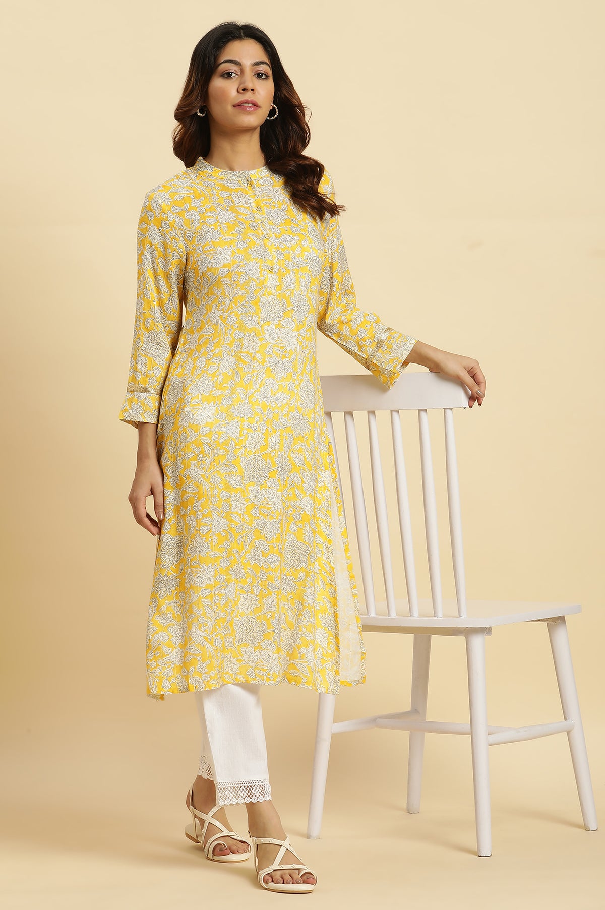 Yellow Floral Printed A-Line Kurta - XS