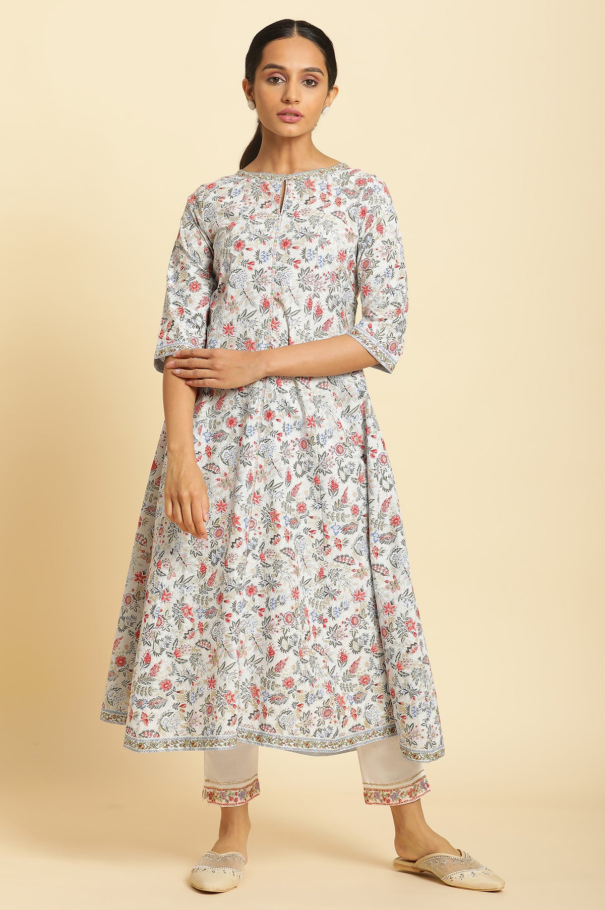 Powder Blue Floral Printed Flared Kurta - XS