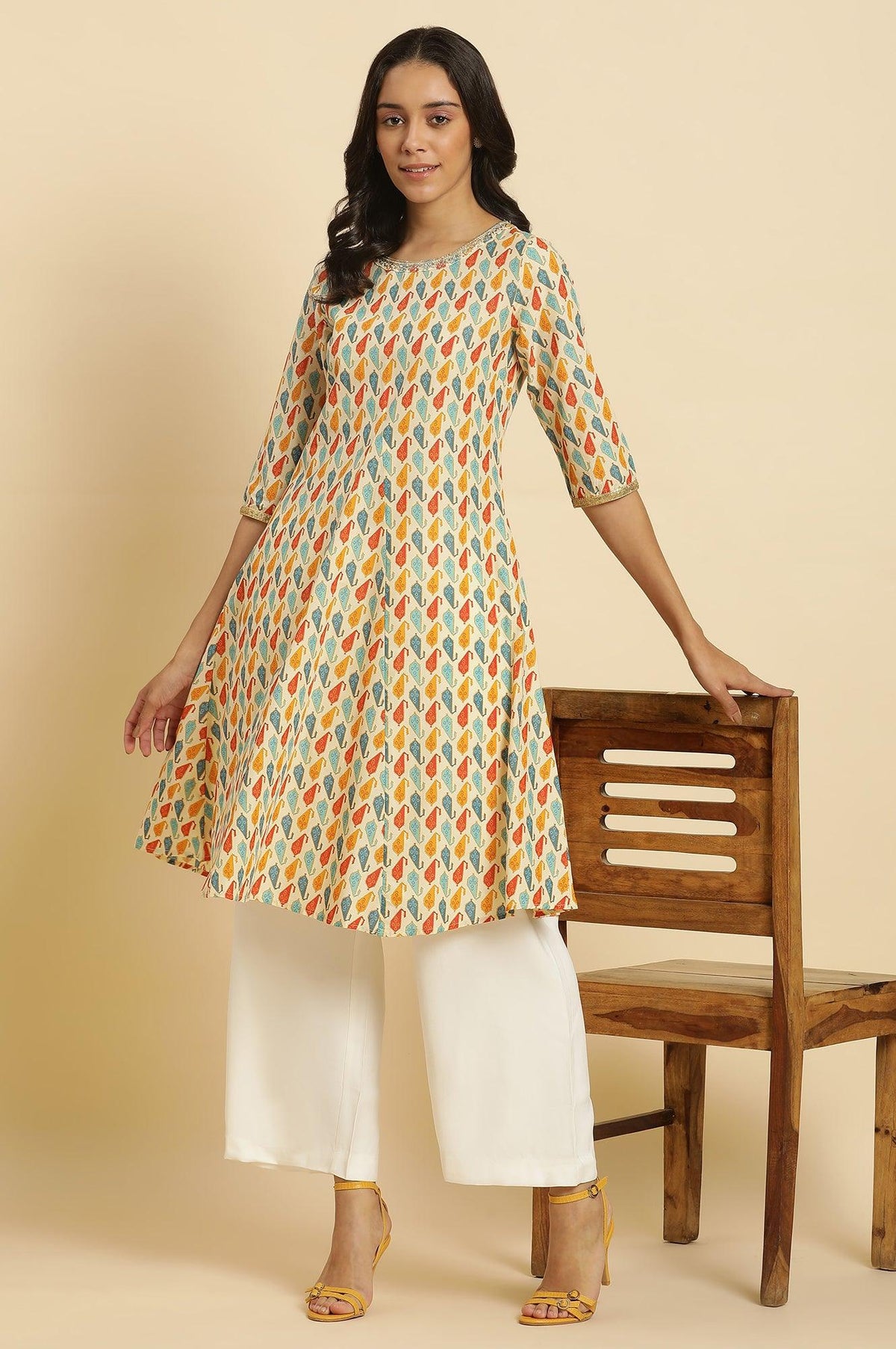 Ecru Flared Kurta In Multi-Coloured Print