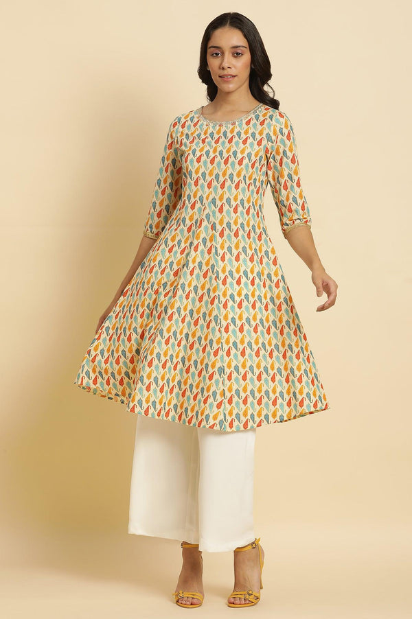 Ecru Flared Kurta In Multi-Coloured Print