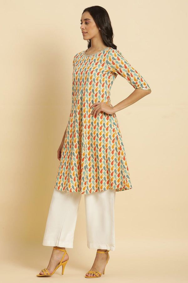 Ecru Flared Kurta In Multi-Coloured Print