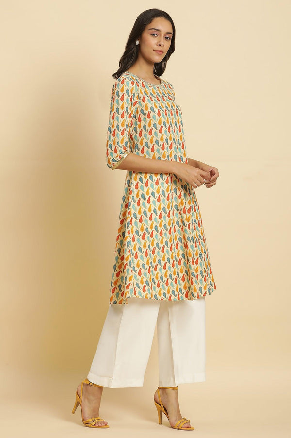 Ecru Flared Kurta In Multi-Coloured Print