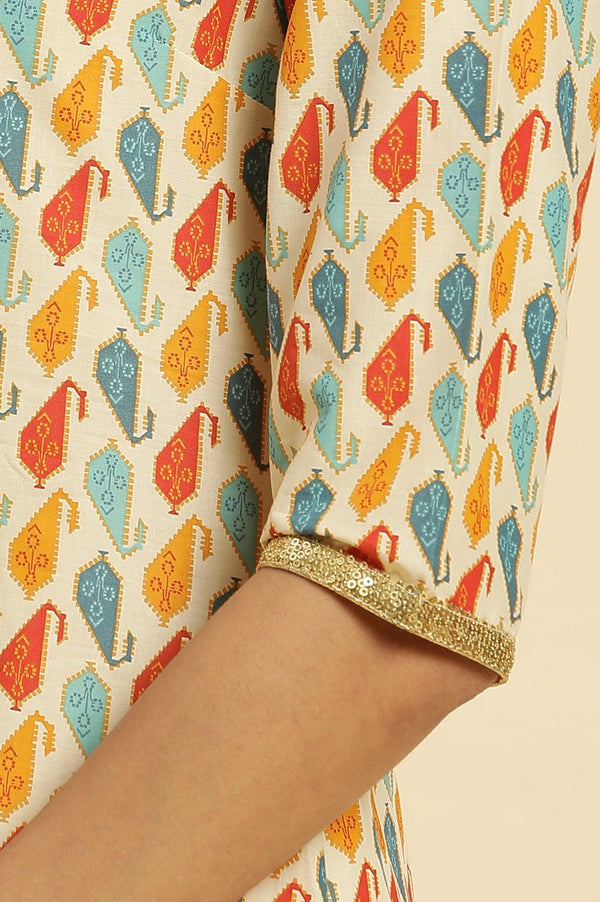 Ecru Flared Kurta In Multi-Coloured Print