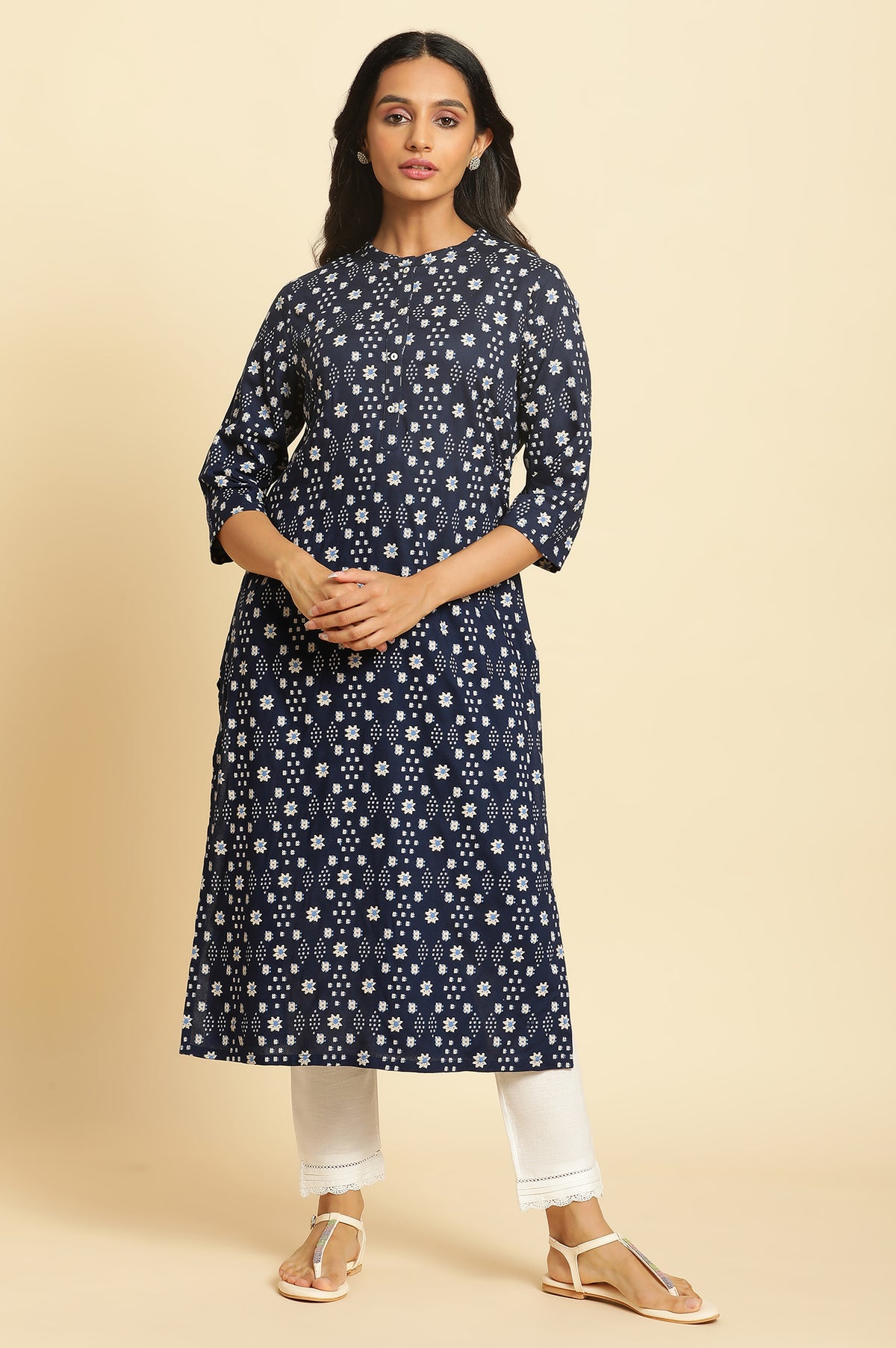 Dark Blue Geometric Printed Straight Kurta - XS
