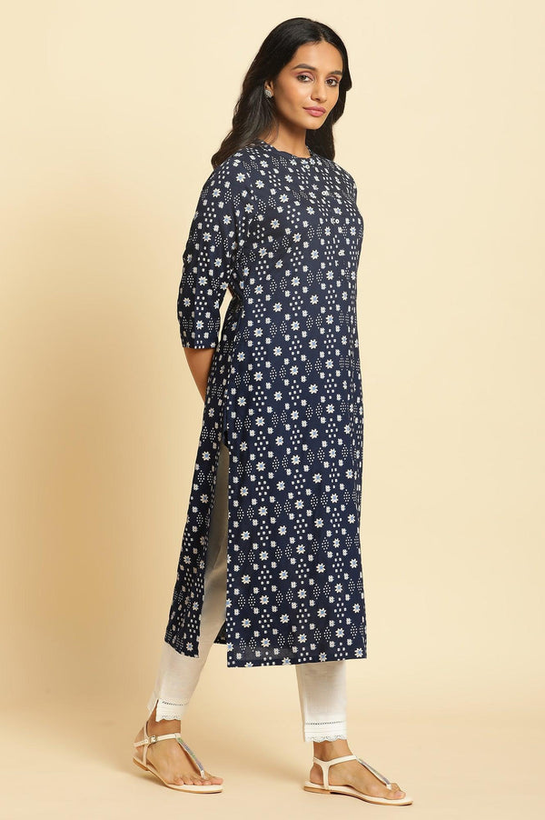 Dark Blue Geometric Printed Straight Kurta