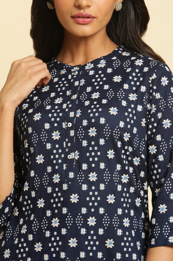 Dark Blue Geometric Printed Rayon Straight Kurta and Slim Pant Set