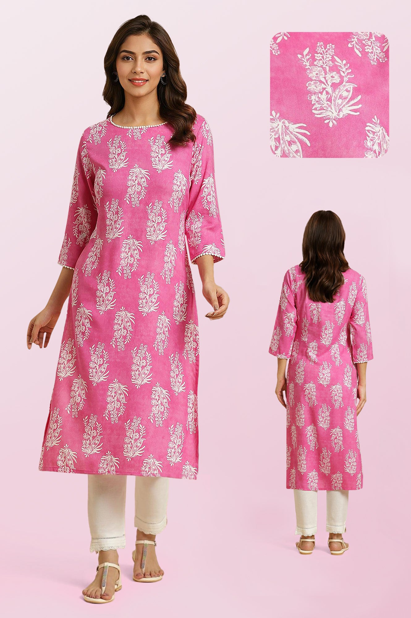 Pink Floral Printed Straight Kurta