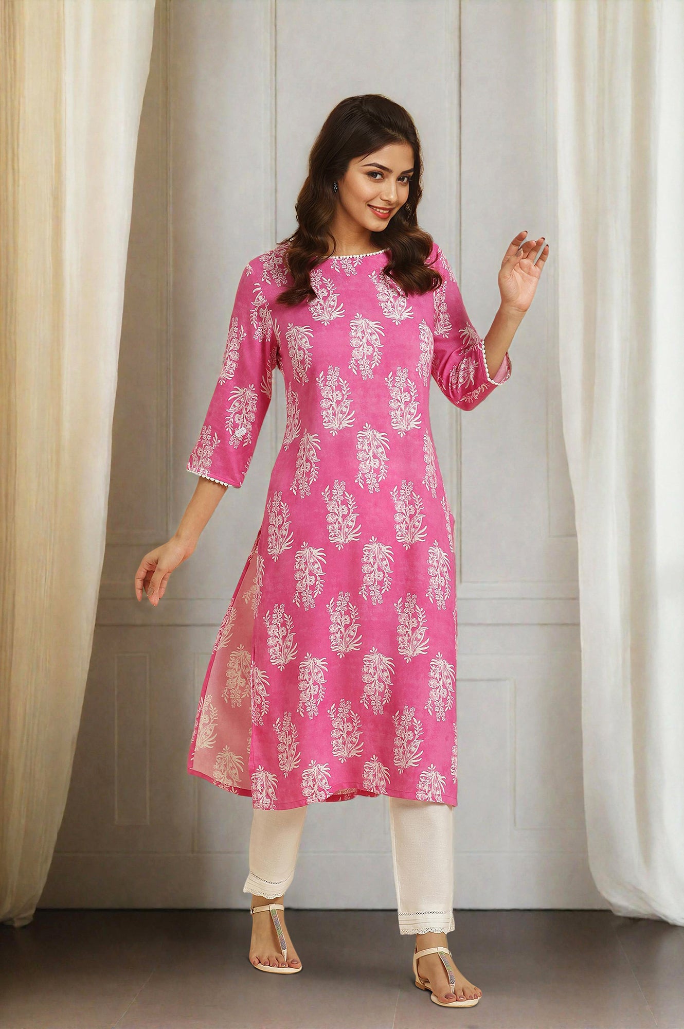 Pink Floral Printed Straight Kurta