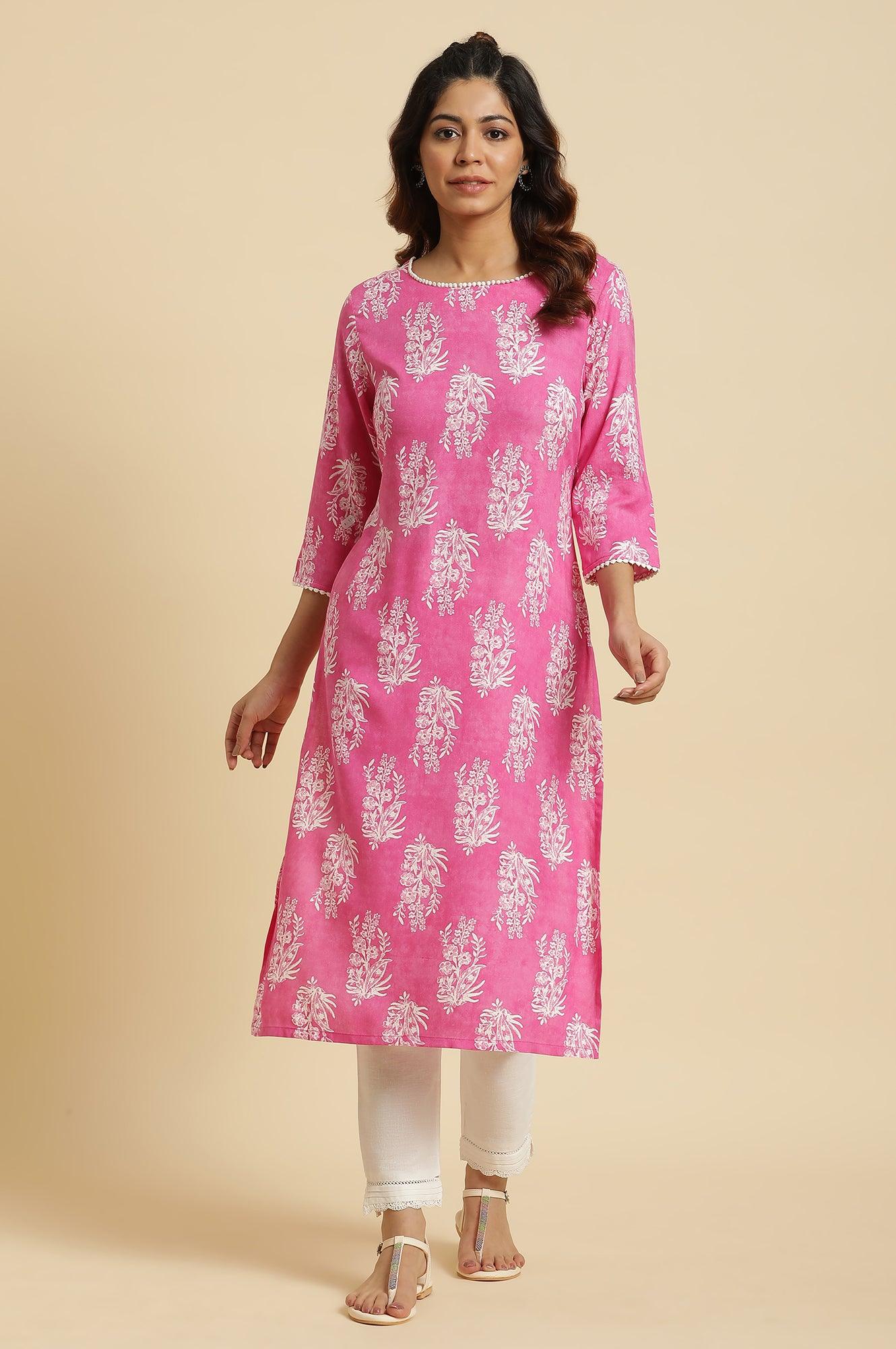 Pink Straight Kurta With Floral Print - wforwoman