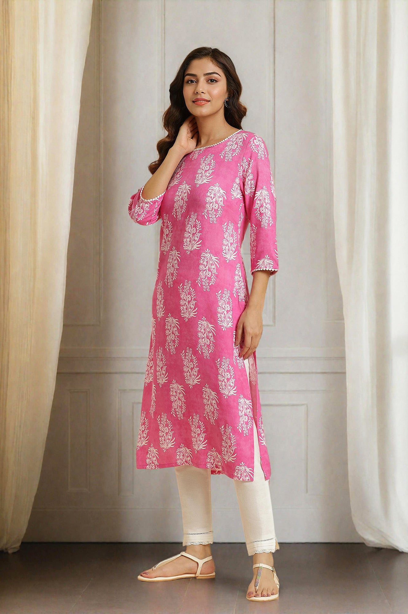 Pink Floral Printed Straight Kurta