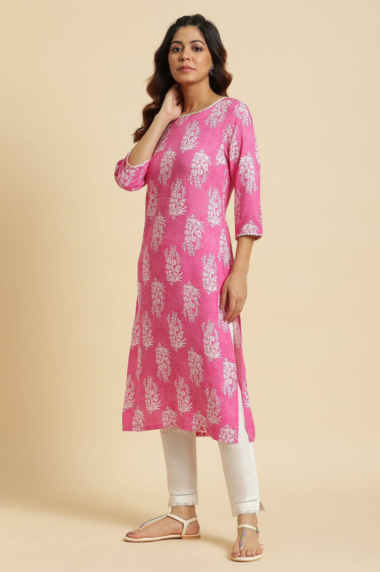 Pink Floral Straight Rayon Kurta